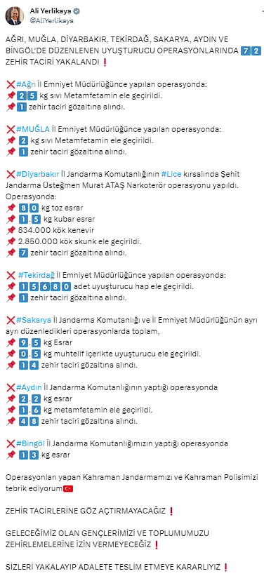 7 ilde uyuşturucu operasyonu! 72 zehir taciri yakalandı, Bakan Ali Yerlikaya görüntüleri paylaştı - Resim: 0