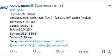 Ege Denizi'nde 5 büyüklüğünde deprem! AFAD son depremi duyurdu - Resim: 0