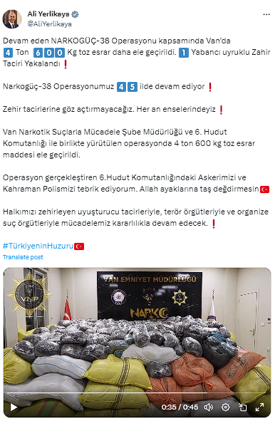 Bakan Yerlikaya duyurdu! Van'da 4 ton 600 kilogram toz esrar ele geçirildi, 1 zehir taciri yakalandı - Resim: 0