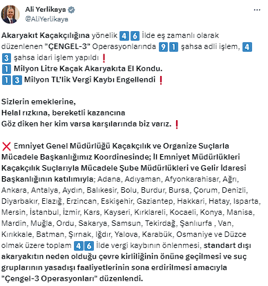 Bakan Yerlikaya duyurdu! 1 milyon litre kaçak akaryakıt ele geçirildi, 13 milyon TL'lik vergi kaybı önlendi - Resim: 0