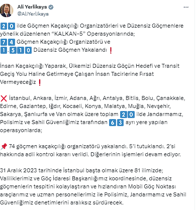 20 ilde göçmen kaçakçılığına yönelik dev operasyon! Bakan Yerlikaya detayları paylaştı - Resim: 0