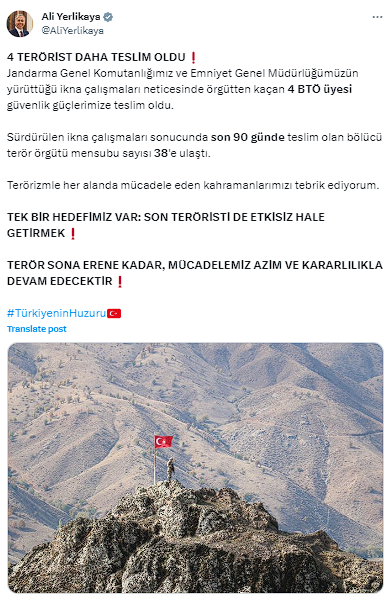 İçişleri Bakanı Ali Yerlikaya açıkladı: 4 terörist teslim oldu - Resim: 0