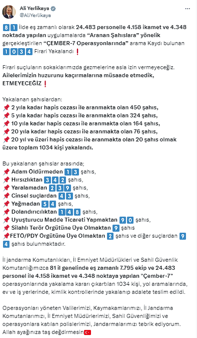 Bakan Yerlikaya açıkladı! 81 ilde düzenlenen operasyonlarda bin 34 firari yakalandı - Resim: 0