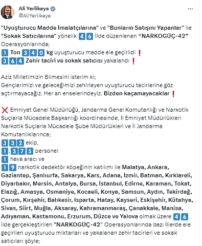 46 ilde uyuşturucu operasyonu: 364 kişi yakalandı, 1 ton 340 kilogram uyuşturucu ele geçirildi - Resim: 0