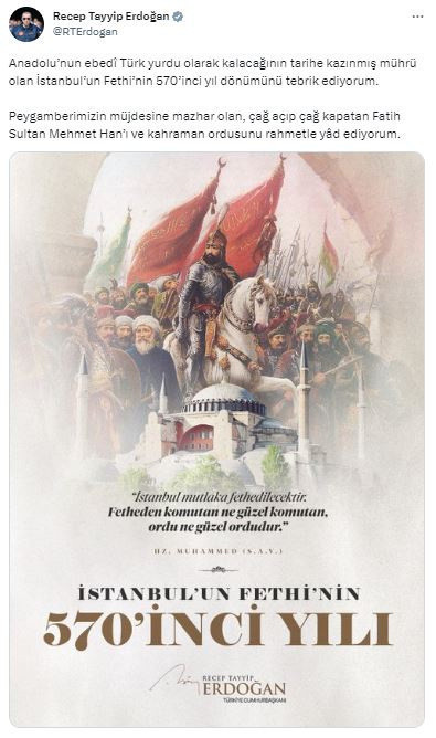 Cumhurbaşkanı Erdoğan'dan İstanbul'un fethine ilişkin mesaj - Resim: 0