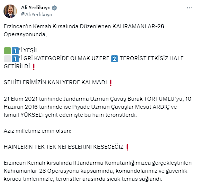 Şehitlerimizin kanı yerde kalmadı! Bakan Yerlikaya açıkladı: Yeşil ve gri kategoride aranan 2 terörist etkisiz hale getirildi - Resim: 0