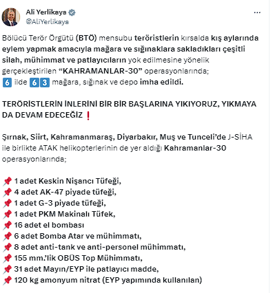 Kahramanlar-30 operasyonlarında 63 mağara, sığınak ve depo imha edildi - Resim: 0