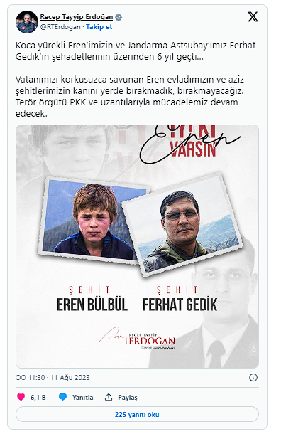 Cumhurbaşkanı Erdoğan, 6 yıl önce şehit edilen Eren Bülbül ve Ferhat Gedik'i andı - Resim: 0