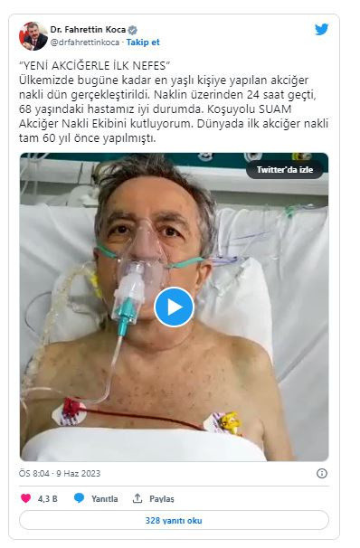 Türkiye'de akciğer nakli yapılan en yaşlı hastadan güzel haber! Bakan Fahrettin Koca 'Yeni akciğerle ilk nefes' notuyla paylaştı - Resim: 0