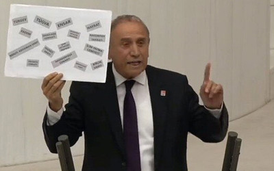 CHP'li vekil Yıldırım Kaya kürsüden tecavüzcü dediği STK'ların yazılı olduğu dövizi gösterdi