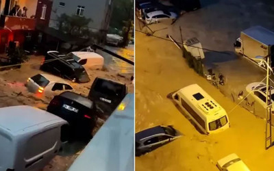 Sarıyer Ayazağa'da sel nedeniyle otomobiller sürüklendi