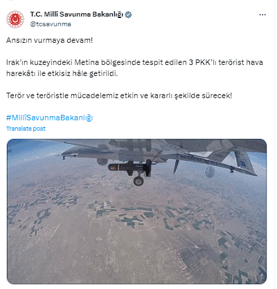 MSB, 'Ansızın vurmaya devam' başlığıyla duyurdu! Irak'ın kuzeyinde 3 PKK'lı terörist etkisiz hale getirildi - Resim: 0