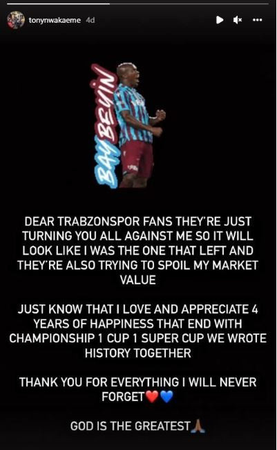 Trabzonspor'da hareketli saatler! Anthony Nwakaeme takımdan ayrıldığını açıkladı - Resim: 0