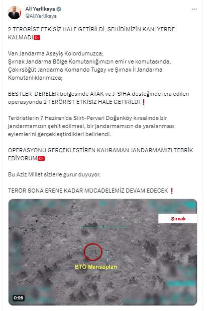 Şehidin kanı yerde kalmadı! Bakan Ali Yerlikaya duyurdu: 2 terörist etkisiz hale getirildi - Resim: 0