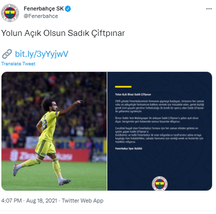Fenerbahçe, Sadık Çiftpınar ayrılığını sosyal medyadan duyurdu - Resim: 0
