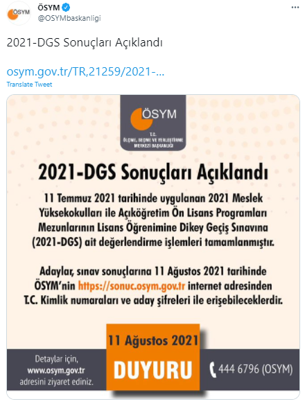 ÖSYM: 2021 Dikey Geçiş Sınavı (DGS) sonuçları açıklandı - Resim: 0