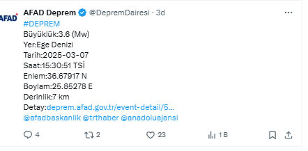 Ege Denizi'nde deprem oldu! AFAD açıkladı - Resim: 0