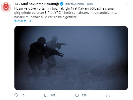 Fırat Kalkanı bölgesinde 5 terörist öldürüldü! MSB duyurdu - Resim: 0