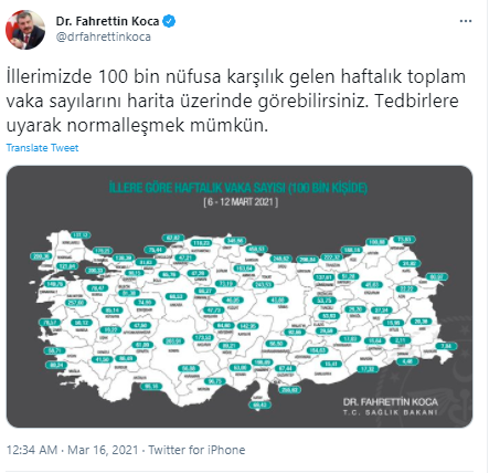 İllere göre haftalık Covid-19 vaka sayısı! Sağlık Bakanı Fahrettin Koca paylaştı - Resim: 0