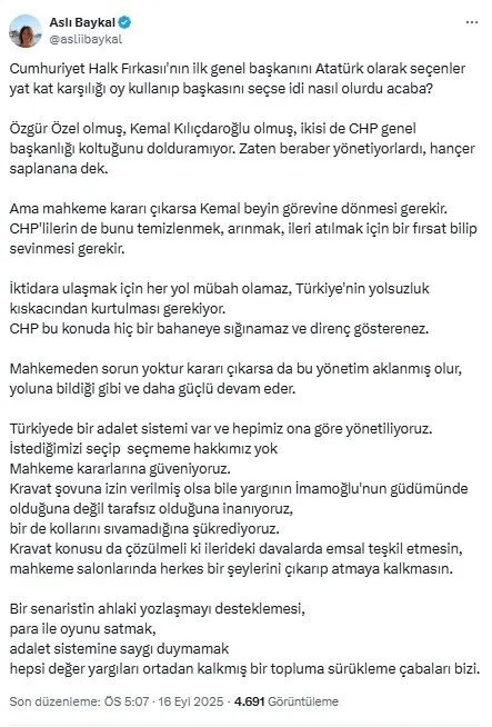 Aslı Baykal'dan "şaibeli kurultay" tepkisi! "Karar çıkarsa Kılıçdaroğlu'nun göreve dönmesi gerekir". - Resim: 0