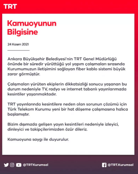 Ankara Büyükşehir Belediyesi TRT'nin fiber kablolarını kesti TRT yayınları sıkıntıda! - Resim: 0