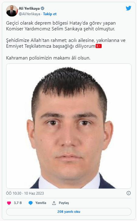 Acı haberi Bakan Ali Yerlikaya duyurdu! Hatay'da geçici görev yapan polis Selim Sarıkaya şehit oldu - Resim: 0