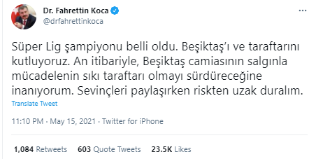 Sağlık Bakanı Fahrettin Koca, Beşiktaş'ı tebrik edip uyardı: Sevinçleri paylaşırken... - Resim: 0