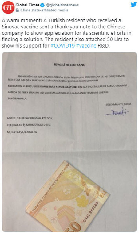 Türkiye'de aşı oldu! Sinovac’a teşekkür mektubu ve 50 TL gönderdi - Resim: 0