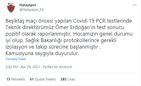 Hatayspor'da teknik direktör Ömer Erdoğan Covid-19'a yakalandı - Resim: 0