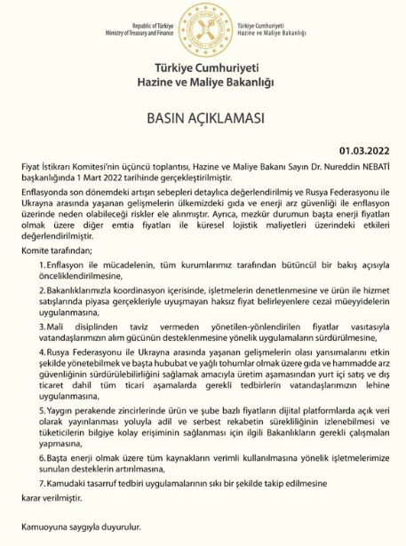 Maliye Bakanı Nebati topladı Fiyat İstikrarı Komitesi'nde Rusya ve Ukrayna kararları - Resim: 0