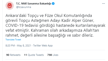 Milli Savunma Bakanlığı acı haberi duyurdu: Covid-19 tedavisi gören asker vefat etti - Resim: 0