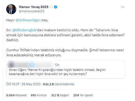 Mansur Yavaş, Sinan Oğan'ı yalanladı! 'Kılıçdaroğlu'ndan talebim olmadı' demişti... - Resim: 0
