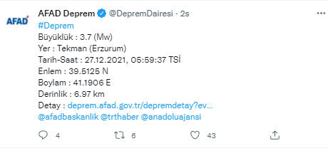 Erzurum'da  3.7 büyüklüğünde deprem oldu! AFAD duyurdu - Resim: 0