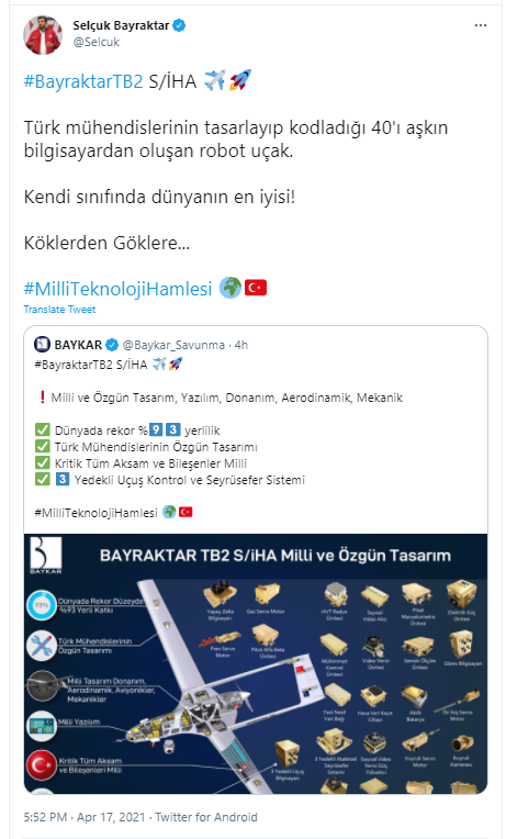 Selçuk Bayraktar'dan 'Bayraktar TB2 S/İHA' paylaşımı: Sınıfında dünyanın en iyisi - Resim: 0