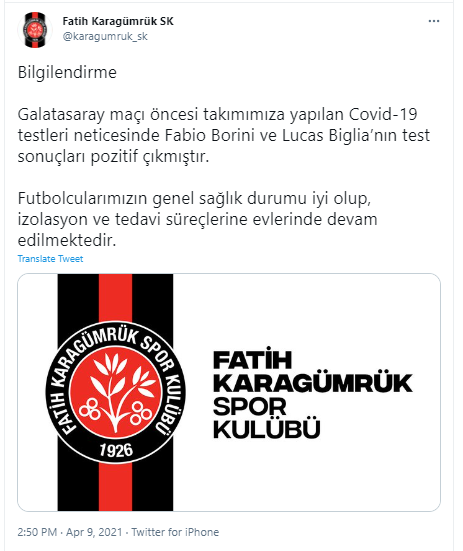 Fatih Karagümrük'te Galatasaray maçı öncesi 2 koronavirüs vakası - Resim: 0