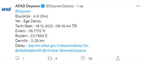 Ege Denizi'nde 4,5 büyüklüğünde deprem! AFAD'dan açıklama geldi - Resim: 0