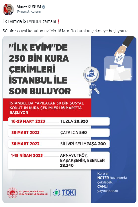 'İlk Evim' konutları İstanbul kura tarihleri belli oldu! Bakan Murat Kurum paylaştı: Tuzla, Çatalca, Silivri... - Resim: 0