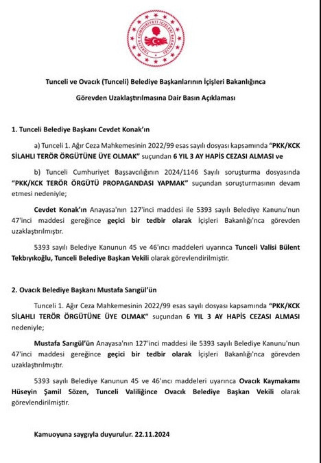 Tunceli ve Ovacık Belediyesi'ne kayyum atandı - Resim: 0