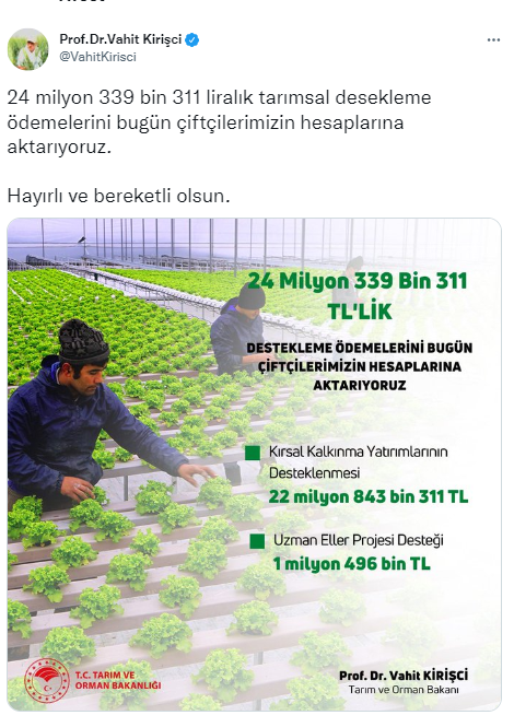 Bakan Kirişçi müjdeyi verdi: Destek ödemeleri bugün yatırılıyor - Resim: 0