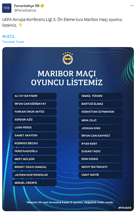 Fenerbahçe'nin Maribor maçı kadrosu açıklandı! Yeni transferler... - Resim: 0