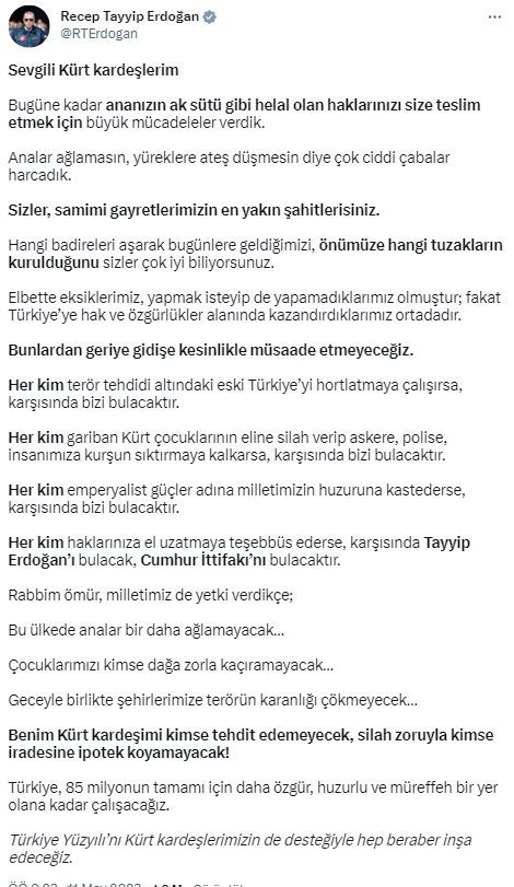 "Sevgili Kürt kardeşlerim" diyerek paylaştı! Cumhurbaşkanı Erdoğan: Kimse silah zoruyla iradesine ipotek koyamayacak! - Resim: 0