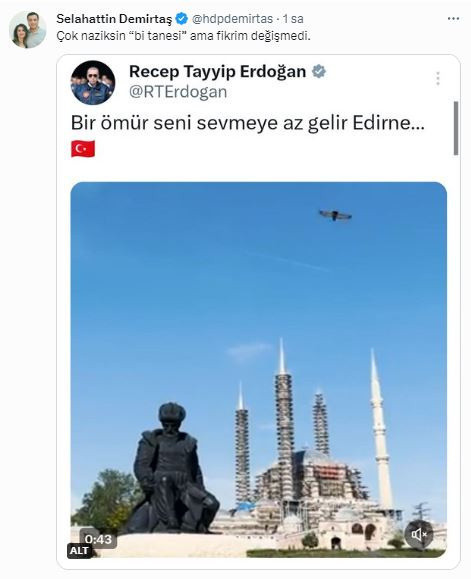 Selahattin Demirtaş, Cumhurbaşkanı Erdoğan'ın paylaşımına yazdı: "Çok naziksin bi tanesi" - Resim: 0