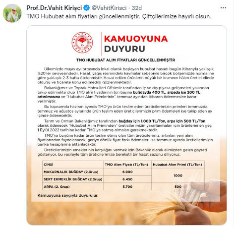 Bakan Kirişci duyurdu: Buğday ve arpa alım fiyatında değişiklik - Resim: 0