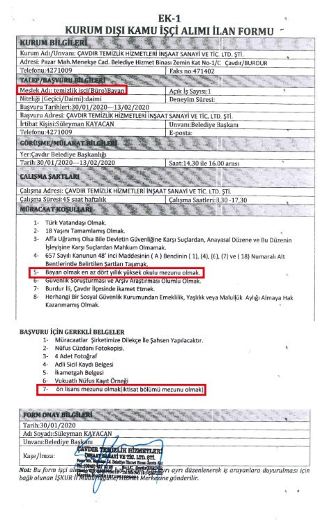 SYDV lisans mezunu temizlik işçisi almak için İŞKUR'a ilan verdi - Resim: 1