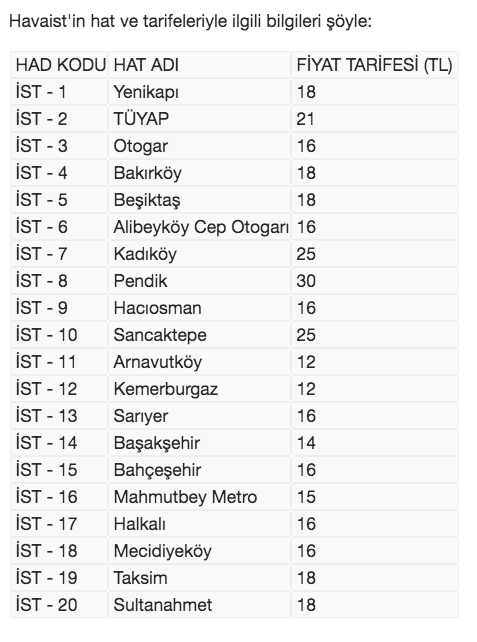 havaist durakları ücretleri seferleri