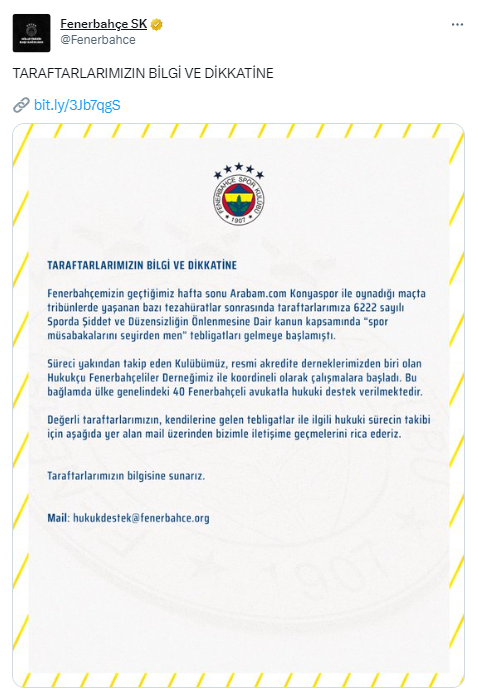 Fenerbahçe, Konyaspor maçında ceza alan taraftarlara hukuki destek verecek - Resim: 0