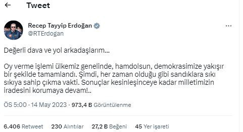 Sandıklar kapanır kapanmaz paylaştı! Erdoğan: "Değerli dava ve yol arkadaşlarım..." - Resim: 0