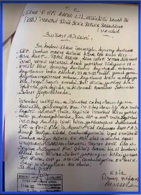 Ekrem İmamoğlu'na suikast mektubu: Danıştay saldırısını faili Osman Yıldırım yolladı! - Resim: 0