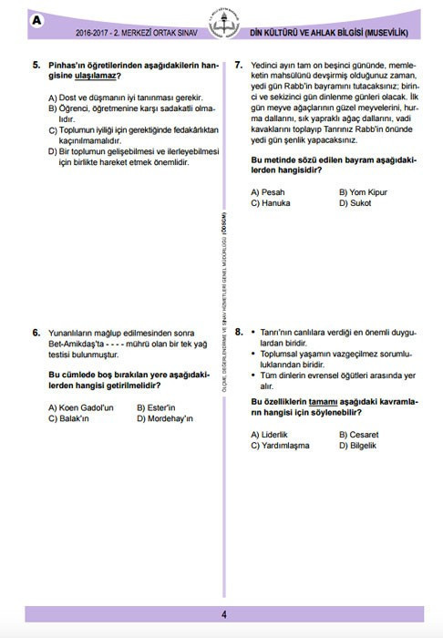 TEOG Din kültürü ve ahlak bilgisi Musevilik soruları ve cevap anahtarları 2017 tüm kitapçıklara göre - Resim: 3
