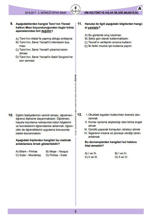 TEOG Din kültürü ve ahlak bilgisi Musevilik soruları ve cevap anahtarları 2017 tüm kitapçıklara göre - Resim: 4